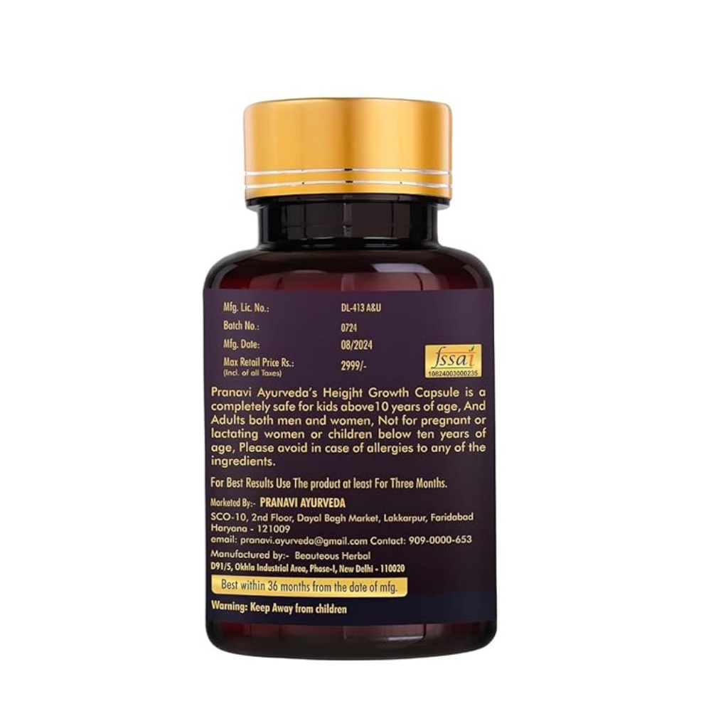 Pranavi Ayurveda Height Growth Capsules | 30 Caps