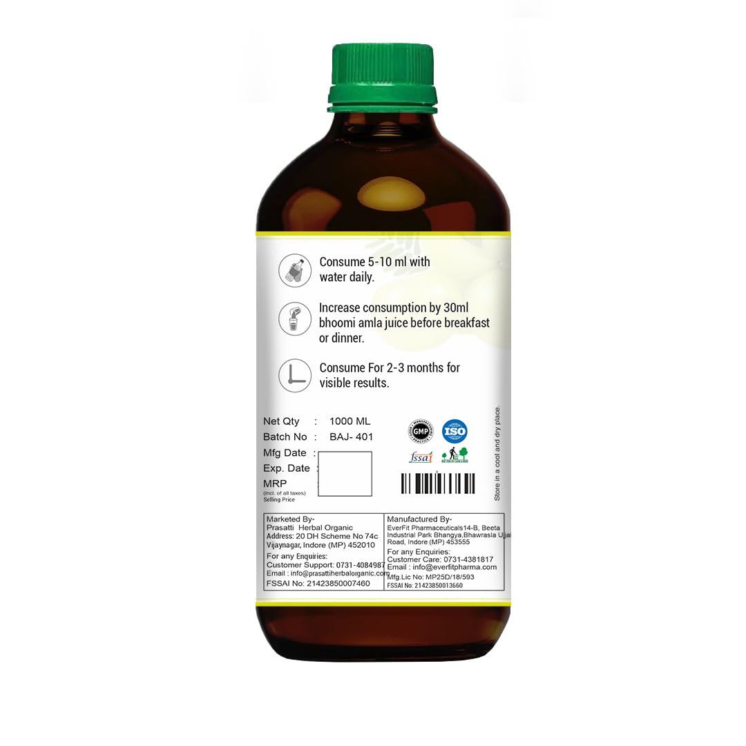 Prasatti Herbal Organic Bhumi Amla Juice - 1000 Ml | Natural Liver Detoxifier | Strengthens the Digestive System