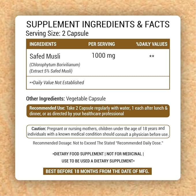 Prasatti Herbal Organic Plant Based Safed Musli Capsules - 120 Veg Caps
