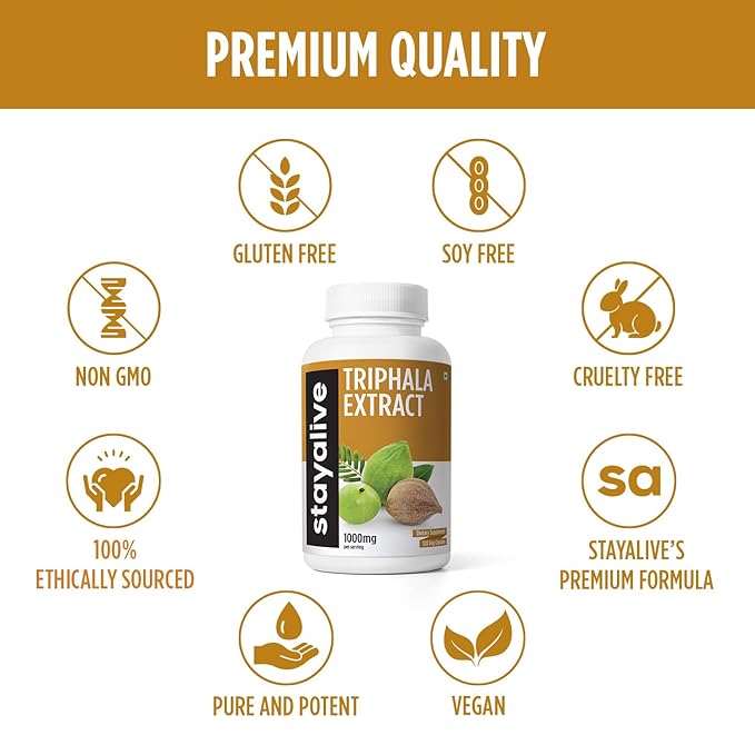 StayAlive Pure Triphala Extract Capsules 1000mg Extra Strength Herbal Supplement - 120 caps