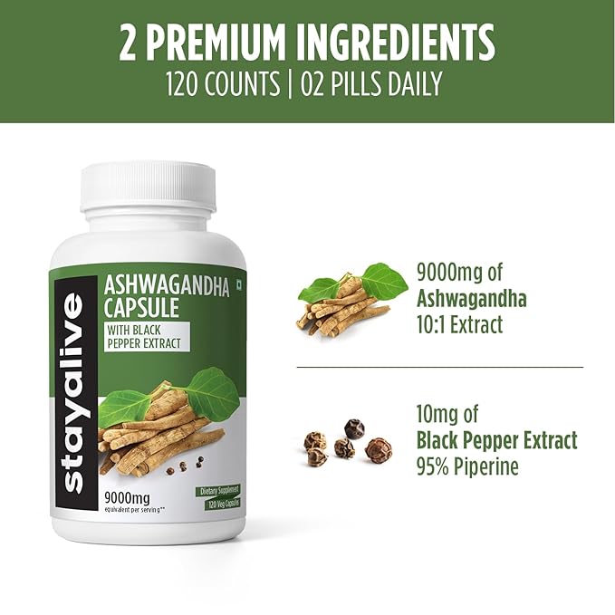 StayAlive Ashwagandha Powder Capsules 9010mg 10:1 Extract Stress Mood & Energy - 120 caps