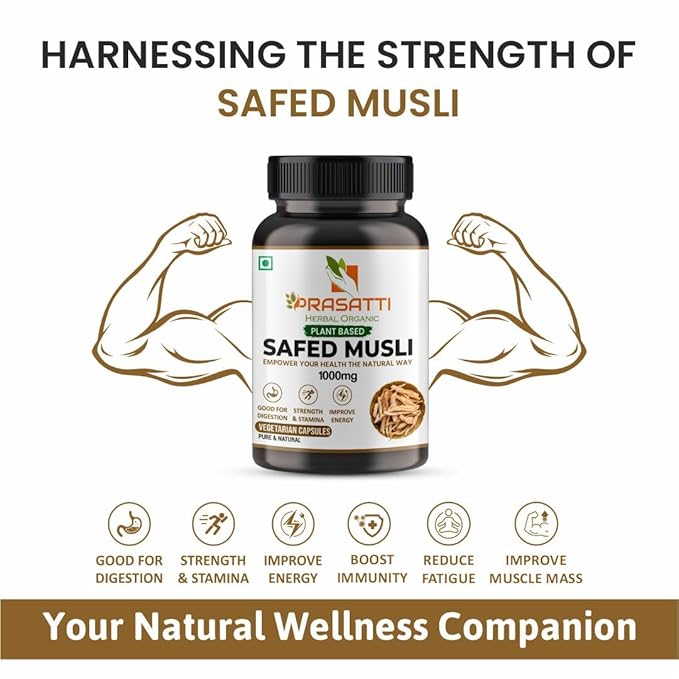 Prasatti Herbal Organic Plant Based Safed Musli Capsules - 90 Veg Caps