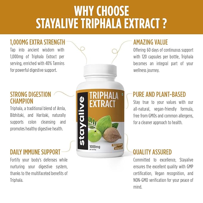 StayAlive Pure Triphala Extract Capsules 1000mg Extra Strength Herbal Supplement - 120 caps