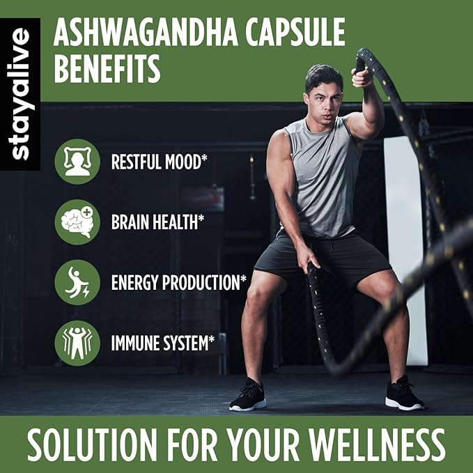 StayAlive Ashwagandha Powder Capsules 9010mg 10:1 Extract Stress Mood & Energy - 120 caps