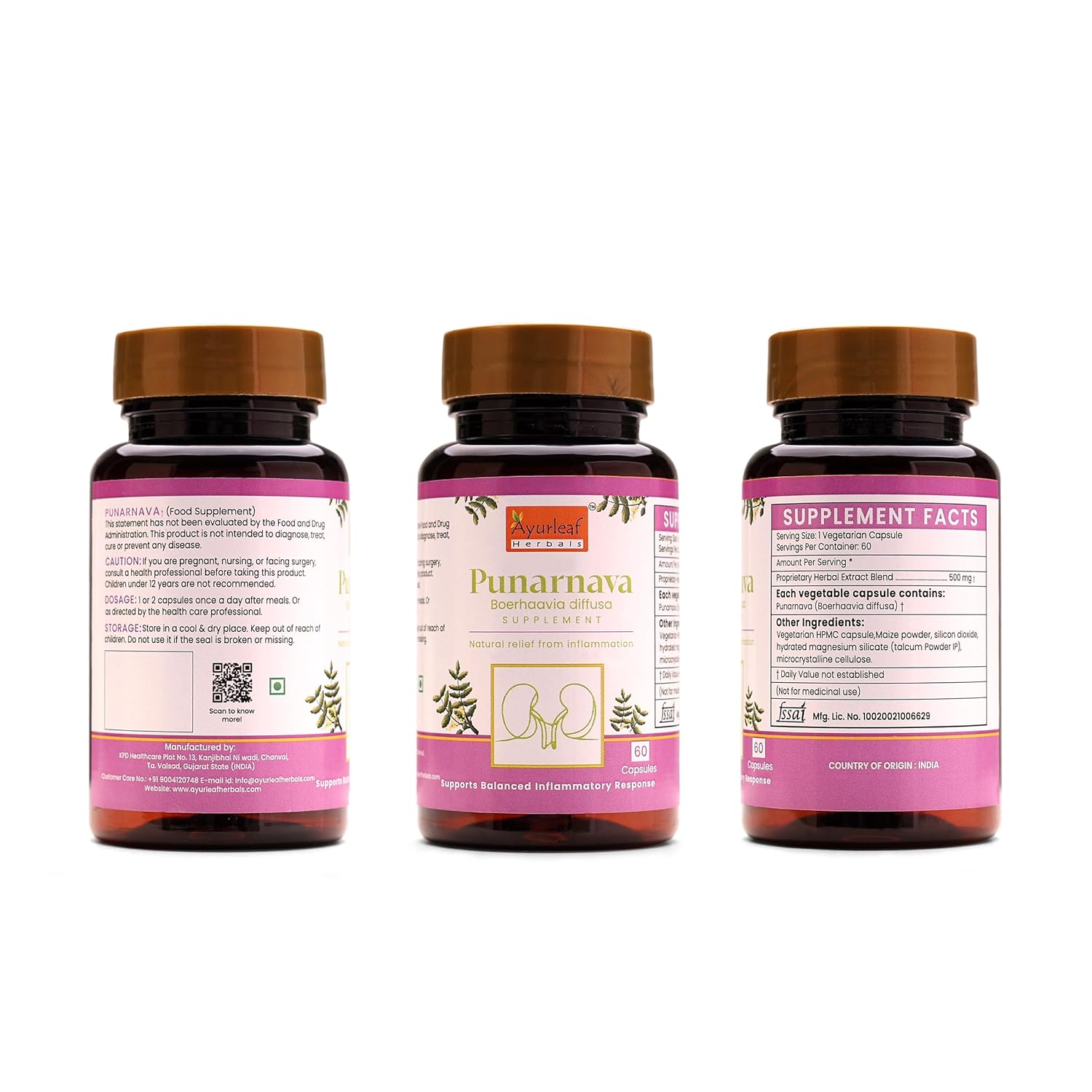 Ayurleaf Herbals Punarnava Capsules Heart and Urinary Health - 60 Caps